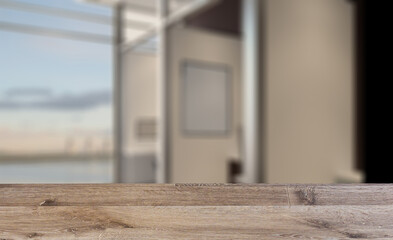 Elegant office interior. Mixed media. 3D rendering.. Mockup.   E. Background with empty table. Flooring.