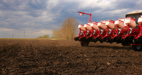Agriculture Farm Tractor Seeding Machine Field Seeder Village Planter Rural Working Combine Tillage Plowing Agricultural Equipment Season Sowing Grain Spring time Process Planting Seeds  - obrazy, fototapety, plakaty