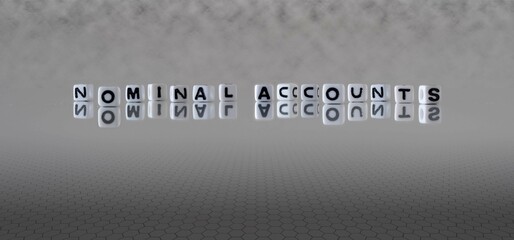 nominal accounts word or concept represented by black and white letter cubes on a grey horizon background stretching to infinity