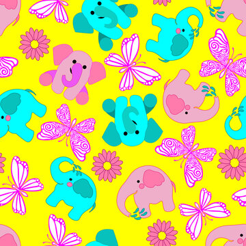 Summer colourful baby pattern, pink and blue, elephants and butterflies, yellow background. Seamless pattern, kawaii, vector.