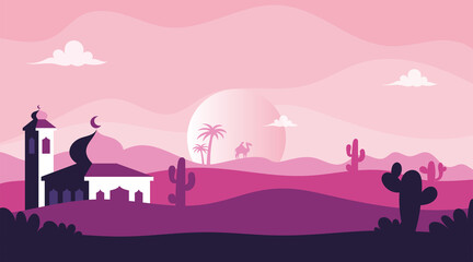 Mosque with desert landscape illustration with flat design