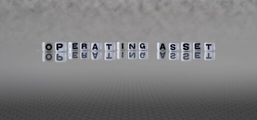 operating asset word or concept represented by black and white letter cubes on a grey horizon background stretching to infinity