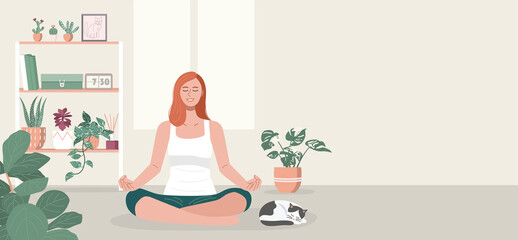 A woman practicing yoga and meditating at home. Vector