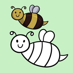 The set of images is monochrome and color. Fat bumblebee smiles, vector cartoon children's illustration