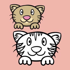A set of color and sketch drawings. Cute cartoon beige kitten looks and smiles, cat face with paws, vector
