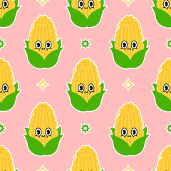 Cute funny corn concept seamless pattern. Vector hand drawn cartoon kawaii character illustration icon. Cute kawaii corn cartoon seamless pattern concept