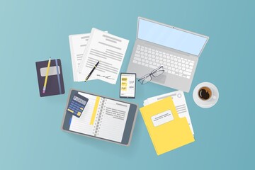 Workplace for business, management, finances and self office. View from above. notebook and office supplies on the desktop.