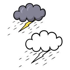 color and monochrome images. Dark cloud with lightning and thunderstorm, rain is coming, vector