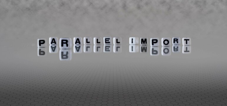 parallel import word or concept represented by black and white letter cubes on a grey horizon background stretching to infinity