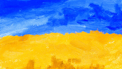 ukraine yellow blue flag artwork. abstract background. clouds. Oil painting