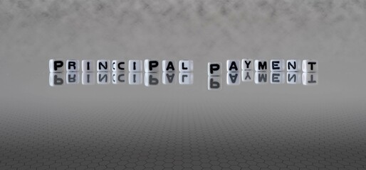 principal payment word or concept represented by black and white letter cubes on a grey horizon background stretching to infinity