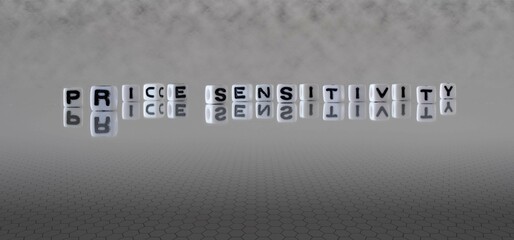 price sensitivity word or concept represented by black and white letter cubes on a grey horizon background stretching to infinity