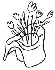 Baby potty and bouquet of flowers Hand drawn doodle line vector icon isolated on white background sketch of toilet for kids