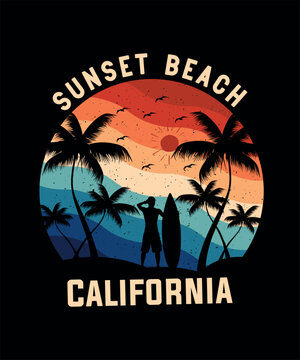 Sunset Beach California, The best surfing in California with a wave and surfer, t-shirt graphics, vectors t-shirt print,
