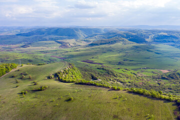 Aerial view of a green wild pasture in the spring