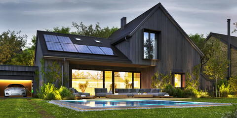Night view of beautiful modern house with solar panels and electric car - 503265747