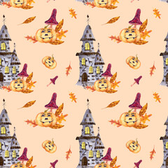 Happy Halloween Watercolor seamless pattern with old stone Castle with luminous windows, with Halloween Pumpkins and autumn leaves and toadstool mushrooms.