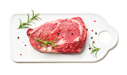 Raw fresh meat Ribeye steak entrecote of Black Angus Prime meat . isolated on white background, top view