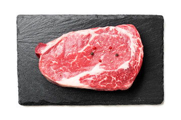 Raw fresh meat Ribeye steak entrecote of Black Angus Prime meat . isolated on white background, top view