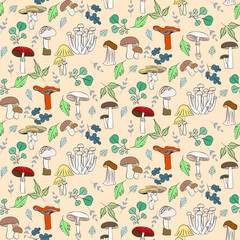 Vector seamless half-drop pattern, with mushrooms and leaves