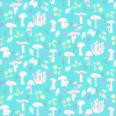 Vector seamless half-drop pattern, with mushrooms and leaves