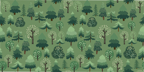Vector seamless pattern with various trees on a trendy green background. Deciduous, coniferous trees (larches, fir trees, oaks ) in a simple hand-drawn style. New Year, Christmas concept, forest theme