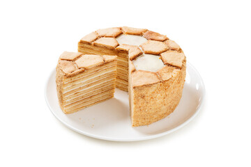 Layered honey cake Medovik. Traditional  cuisine. isolated on white background
