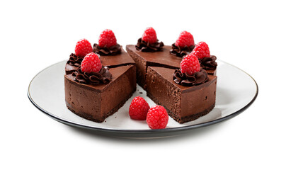 Creamy dark chocolate cheesecake with chocolate Oreo biscuits and raspberries. isolated on white...