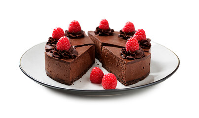 Creamy dark chocolate cheesecake with chocolate Oreo biscuits and raspberries. isolated on white background