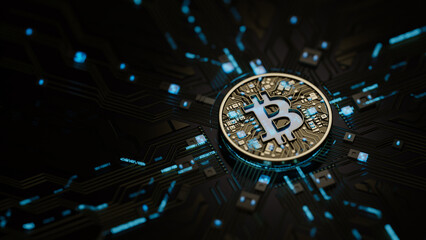 Bitcoin virtual cryptocurrency blockchain technology digital currency money gold coin exchange market future global network connections. BTC mining crypto symbol mainboard futuristic.3d rendering.