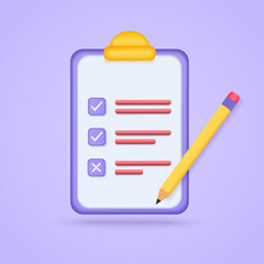 3d checklist with pencil on purple pastel background. Check work business. Minimal cartoon icon.