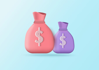 3d money bags on soft green pastel background. Shopping online, sale, promotion, finace. Minimal cartoon icon.
