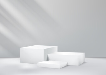 Display 3d modern white and grey cube podium with empty room background. Promotional display design.