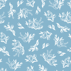 Anemone Flowers. Vector Ditsy Floral print. Outline Flower Bouquets Seamless Pattern. Blue White Colors