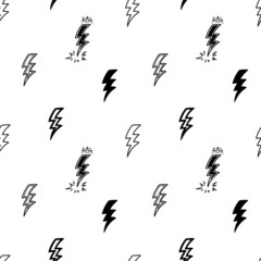 Lightning Bolt Signs Vector Seamless Pattern. Black White Background with Hand Drawn Doodle Thunderbolts.