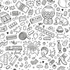 Bubble Gum 90s Black and White Retro Background. Hand Drawn Doodle Chewing Gums Seamless pattern. Vector illustration