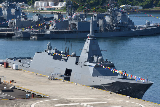Kanagawa, Japan - May 03, 2022:Japan Maritime Self-Defense Force JS Kumano (FFM-2), Mogami-class frigate.