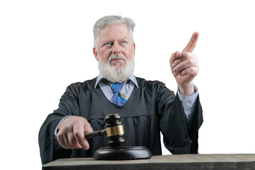 elderly angry judge portrait on white background