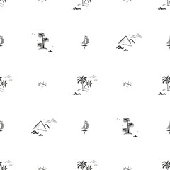 Vector Vacation Theme. Summer Seascape Seamless Black and White Pattern. Palm trees, Islands, Sea waves, Sailboats, Tropical Plants and Sunny Dawn