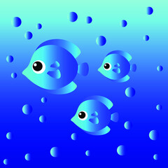 Blue cartoon fish and bubbles on bright blue background. Vector illustration.