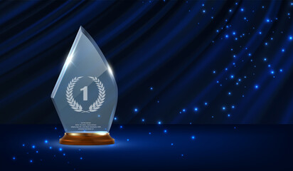 3d realistic vector background. gLass trophy with laurel on blue wavy background. Winner nomination celebration.