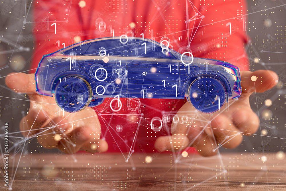 Poster Autonomous car with HUD graphic of Navigation system driving