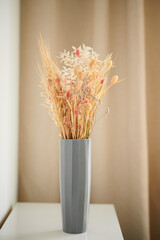 Dried flowers of wheat stand in a gray vase on a golden background. Minimalistic interior in pastel colors.