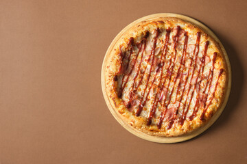 pizza with ham, onion and cheese mock up copy space