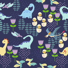 Seamless hfttern with dinosaurs and flowers