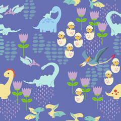 Seamless hfttern with dinosaurs and flowers