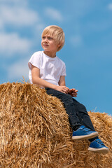 Naklejka na ściany i meble Little nice boy in white t-shirt and jeans sits on haystack in summer day. Looking at the distance. Summer holidays
