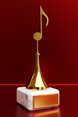 Golden music award with a note on a red background, 3d illustration