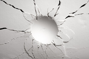 White powder surface with cracks and a round crater. Crater in black and white. - obrazy, fototapety, plakaty