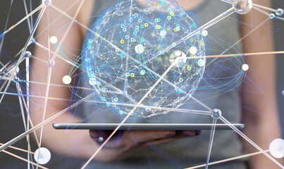 Global network. Blockchain. 3D illustration. Neural networks and artificial intelligence. Abstract